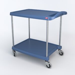 The Metro MY2030-24BU myCart Series 2-Shelf Utility Cart with Microban showcases a stylish blue design, measures 20 x 30, and features durable metal legs with swivel casters on a simple white backdrop.