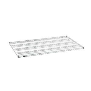 The Metro Super Erecta 3660NC Industrial Wire Shelf, measuring 36 x 60, features a grid design with robust crossbars and a chrome finish, providing a sleek and reflective metallic sheen that highlights its durability and style.