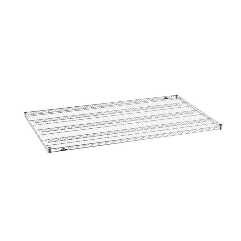 The Metro Super Erecta 3660NC Industrial Wire Shelf, measuring 36 x 60, features a grid design with robust crossbars and a chrome finish, providing a sleek and reflective metallic sheen that highlights its durability and style.