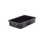 The Metro TB92035CAS Conductive Polypropylene Tote is a sleek, black rectangular storage bin with raised edges and a ribbed exterior, measuring 16.5 x 10.875 x 3.5, its smooth interior sits empty against a plain white background.