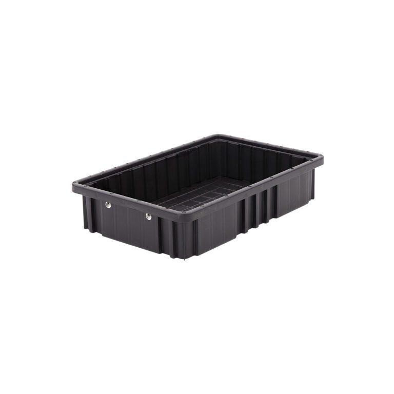 7wbo70wz2199dvvdarz3g4jsnyc6e6vv.jpg The Metro TB92035CAS Conductive Polypropylene Tote is a sleek, black rectangular storage bin with raised edges and a ribbed exterior, measuring 16.5 x 10.875 x 3.5, its smooth interior sits empty against a plain white background.