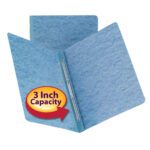 The Smead Premium Pressboard Report Cover (81052) in blue features a metal prong with compressor for secure document holding and a 3 Inch Capacity label highlighted by a red and yellow arrow against a white background, indicating ample storage space.