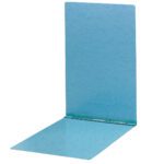 A Smead Premium Pressboard Report Cover in blue is open, showing its two panels with a 3 capacity. The top panel stands upright while the bottom remains flat, fitting 11 x 17 sheets. Centered metal prongs secure papers against a white background.