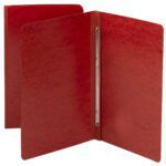 Two Smead Premium Pressboard Report Covers, bright red with a textured surface, stand against a plain white background. One cover is open showing the metal side fastener inside, while the other remains closed.