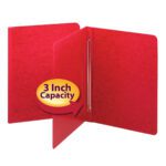 Two bright red Smead Premium Pressboard Report Covers are shown, one closed and one open, featuring a metal prong with a side fastener for letter-size papers and a 3-inch capacity. A circular label with an arrow highlights these features.