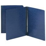 Two Smead Premium Pressboard Report Covers shown in dark blue, one open with a side fastener for papers. Both have a textured look, designed for efficient document organization.