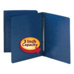 Two Dark Blue Smead Premium Pressboard Report Covers, one open showing metal prongs, demonstrate their 3 capacity ideal for letter-size documents, with red and yellow highlights.