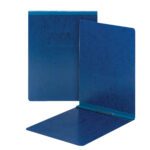 Displayed are two dark blue Smead Premium Pressboard Report Covers, one upright and one open flat. Featuring a textured finish, metal prong with compressor, and top fastener, they offer versatility in a compact letter-size design (81354).