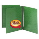Two Smead Premium Pressboard Report Covers are shown: one closed and one open, illustrating document space. Both green folders feature side fasteners and a metal prong with compressor. A circular sign says 3 Inch Capacity, indicating the metal prongs capacity inside.