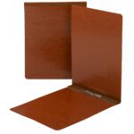 Two Smead Premium Pressboard Report Covers in red are displayed: one open, revealing its metal prong with compressor for secure organization, and the other closed and standing upright. Both report covers have a simple design with a light texture on the surface.