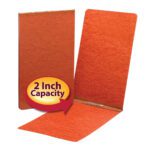 The Smead Premium Pressboard Report Cover in red features a 2 capacity with metal prongs and a compressor. It has top fasteners for holding papers, as highlighted by the purple and yellow label pointing to its legal size interior.