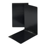 Two black Smead Premium Pressboard Report Covers are shown; one is upright and closed, while the other lies open, displaying its 2 capacity with a metal prong fastener for legal-size documents. Both have a simple, smooth finish.