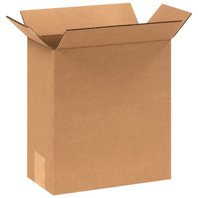 849.jpg A brown MH-USA 8 3/4 x 4 3/8 x 9 1/2 corrugated box stands upright with open top flaps and visible edges against a white background, sold in bundles of 25.
