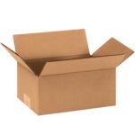 An MH-USA 8 x 5 x 3 corrugated box from a 25/bundle set is open with its flaps raised against a plain white background.