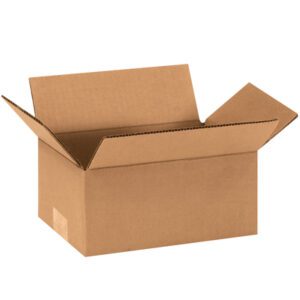 An MH-USA 8 x 5 x 3 corrugated box from a 25/bundle set is open with its flaps raised against a plain white background.