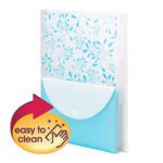 The Smead Poly Three-Divider Travel Organizer File, 1 per Pack (85734), comes in a teal and white floral pattern with button closure and a red arrow icon. Its easy to clean, symbolized by the sparkling hand illustration—ideal for stylish organization on the go!.