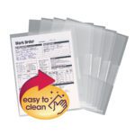 A Smead Organized Up? Poly Translucent Project File Jacket, Letter Size, Clear, 5 per Pack (85751) neatly holds a work order. An icon with a red arrow and sparkling hand on a yellow background highlights easy to clean.