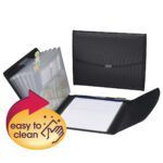 The Smead Poly Pro Series II Pad Folio, 7-Pocket Expanding File, Letter Size, Black (85830) is open with expandable pockets and tabs for organization. Next to it lies a pad folio with an open flap and a sticker labeled easy to clean featuring a hand-wiping icon.