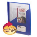 The Smead Clear Front Poly Report Cover in dark blue, letter size, comes with 3 tang-style fasteners and a small business card pocket. It holds papers and a Reseller Central brochure with a person on it. An arrow icon shows its easy to clean. Available as 5 per pack (86011).