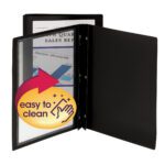 The Smead Frame View Poly Report Cover (86020), with side fasteners, displays a sales report with a blue chart through its black/clear front. A circular graphic featuring a hand and stars signifies its easy-to-clean surface.