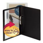 Displayed is a black Smead Frame View Poly Report Cover (86043) with a Sales Market Report page, featuring a clear cover and a decorative sticker reading: “easy to clean.” It uses a swing clip, holds up to 30 sheets, and is side fastened.