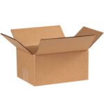 An empty open MH-USA 8 x 6 x 4 corrugated box from a 25/bundle set sits against a plain white background with flaps spread outwards. The textured cardboard shows a small piece of tape on one side.