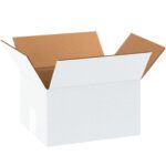 An MH-USA 8 x 6 x 4 white corrugated box with brown interior flaps sits open against a plain white background, part of a 25/Bundle offer, with its flaps fully extended outward.