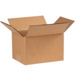 A brown MH-USA 8 x 6 x 5 corrugated box from a three-quarter angle, with open flaps, on a plain white background. (25/Bundle).