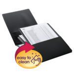 The sleek black Smead Organized Up Poly Stackit Organizers hold letter-size sheets, featuring an easy to clean circular badge with an arrow and a wiping hand icon.
