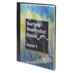 A Smead Clear Front Report Cover in black (87453) with an abstract nature painting and Quarterly New Product Review Quarter 2 text, featuring three double tang fasteners for secure document storage.