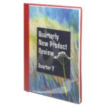 The Smead Clear Front Report Cover in red (87461) has Three Double Tang Fasteners and a nature-inspired abstract design, with text Quarterly New Product Review Quarter 2 and a subtle floral element on the cover.