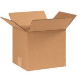 An empty MH-USA 8 x 7 x 7 corrugated box, part of a 25-bundle, with flaps extended outward, sits against a plain white background.