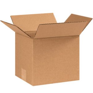 An empty MH-USA 8 x 7 x 7 corrugated box, part of a 25-bundle, with flaps extended outward, sits against a plain white background.