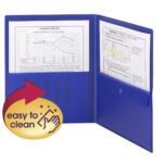 The Smead Poly Two-Pocket Folder with Security Pocket, in Dark Blue, holds letter-sized graphs and charts. It includes a easy to clean sticker with a hand-wiping icon and comes in a pack of 5 (87701).