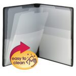 The Smead Organized Up Multi Pocket Organizer, Letter Size, Black (87722), boasts eight translucent inner pockets. A yellow and red sticker featuring a hand wiping icon with sparkles says easy to clean.