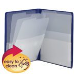 Open the Smead Organized Up Multi-Pocket Organizer, dark blue with eight translucent divider pockets for organizing letter-size documents. A circular badge features a red arrow, hand-wiping icon, and easy to clean text in the lower left corner.