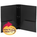 The black Smead Poly Two-Pocket Folder (25 per Box, 87725) has a circular icon with a hand cleaning illustration and easy to clean text highlighted by a red arrow, ensuring convenience.
