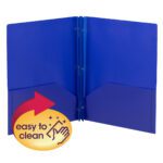 The Smead Poly Two-Pocket Folder in dark blue features two roomy pockets and a circular yellow icon with a red arrow and hand-wash symbol labeled easy to clean. This durable folder is part of the 25 per Box collection (87726).