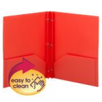 Showcased is a red Smead Poly Two-Pocket Folder with tang-style fasteners, featuring two pockets and a yellow sticker with a red arrow and sparkling hand icon labeled easy to clean.