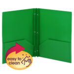 The Smead Poly Two-Pocket Folder with Tang Style Fasteners, Letter Size, Green, 3 per Pack (87732) features an open green folder with two interior pockets and a bottom right yellow badge displaying an arrow and hand, labeled easy to clean, perfect for organizing letter-size documents.