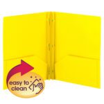 The Smead Poly Two-Pocket Folder with Tang Style Fasteners, in vibrant yellow, includes metal prongs and roomy pockets. Its easy to clean icon guarantees convenience, offering 3 per pack (87733), perfect for effortless document organization.