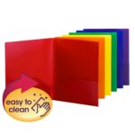 A pack of Smead Poly Two-Pocket Folders (87760) in vibrant red, orange, yellow, green, blue, and purple is elegantly fanned out. The left side features a easy to clean label with a wiping hand graphic. Ideal for letter-sized documents.