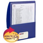 A dark blue Smead Organized Up Poly Stackit folder contains a document; a sticker with an arrow and hand icon says easy to clean. Available in a 5-pack (87806).