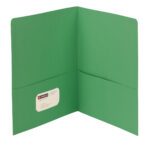 The Smead Two-Pocket Heavyweight Folder, Letter Size, Green (87855), from a 25 per box set, stands upright showing its interior. A business card with a red and white design is partially visible inside the left pocket.