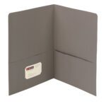 The Smead Two-Pocket Heavyweight Folder, Letter Size, Gray, from the 25 per Box (87856) collection is elegantly shown with a business card in the left pocket and the right one empty against a neutral backdrop, blending practicality and style.