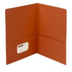 The Smead Two-Pocket Heavyweight Folder, Letter Size, Orange, 25 per Box (87858), has two interior pockets. A business card with a red logo and text fits in the lower left pocket of this sleek open folder.