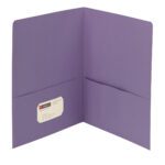 A Smead Two-Pocket Heavyweight Folder in lavender (87865) lies open, revealing its two inner pockets and a business card slot on the left pocket. Its smooth, letter-sized design with rounded corners adds an elegant touch.