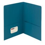 The Smead Two-Pocket Heavyweight Folder, Letter Size, Teal (87867), features an elegant design with two interior pockets and a white label on the left pocket, available in a set of 25 per box.