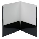 The Smead High Gloss Two-Pocket Folders in black, providing two interior pockets, come in a box of 25 (87874) and offer a sleek design ideal for professionals looking to organize documents for meetings or presentations.