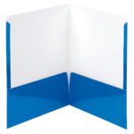 The Smead High Gloss Two-Pocket Folders, Letter Size, in blue (87875) have an upright open design with a bright white interior and vibrant blue bottom pockets on each side. This utilitarian style comes in boxes of 25, ideal for efficient paper organization.